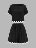 Contrast Scallop Trim Short Sleeve Top & Shorts Set